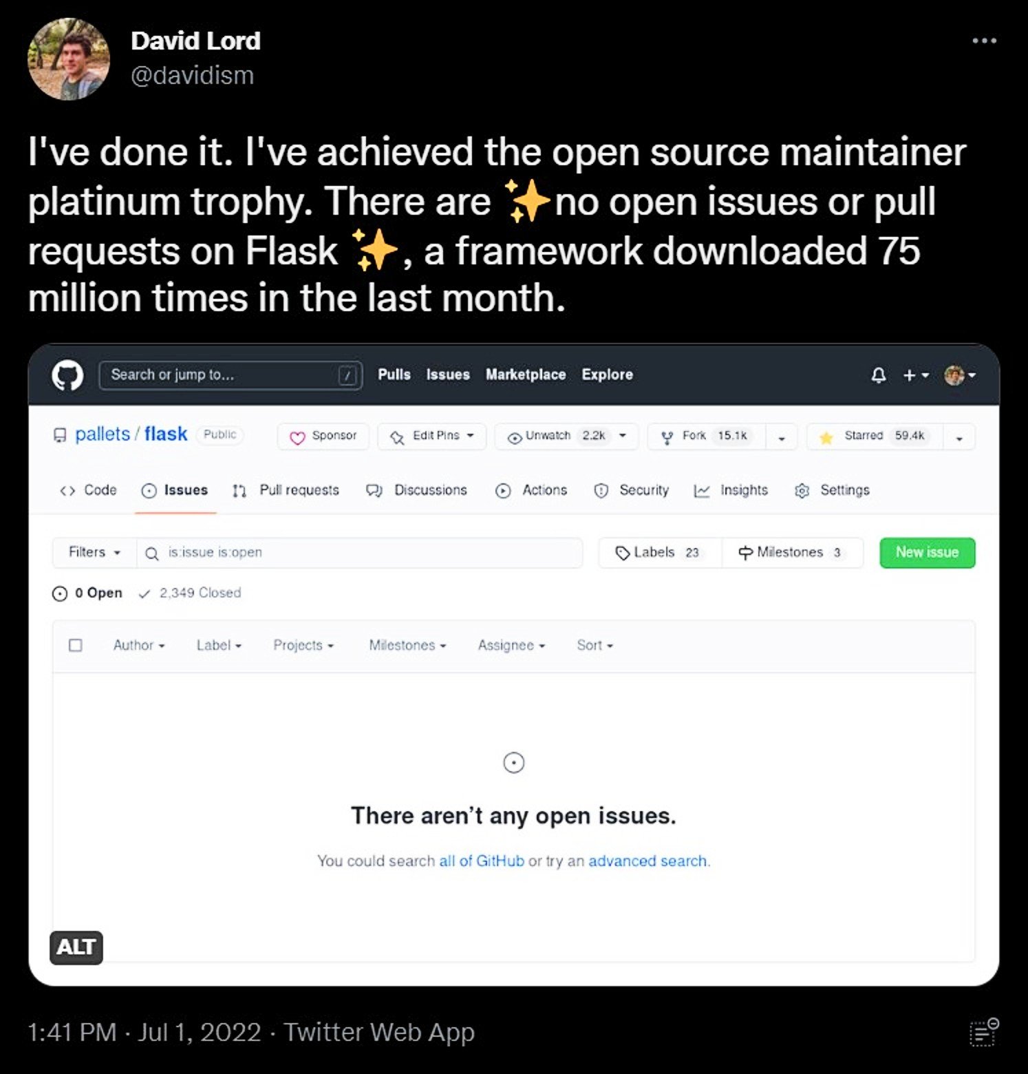 Tweet Celebrating No Pull Requests or Open Issues for Flask on GitHub