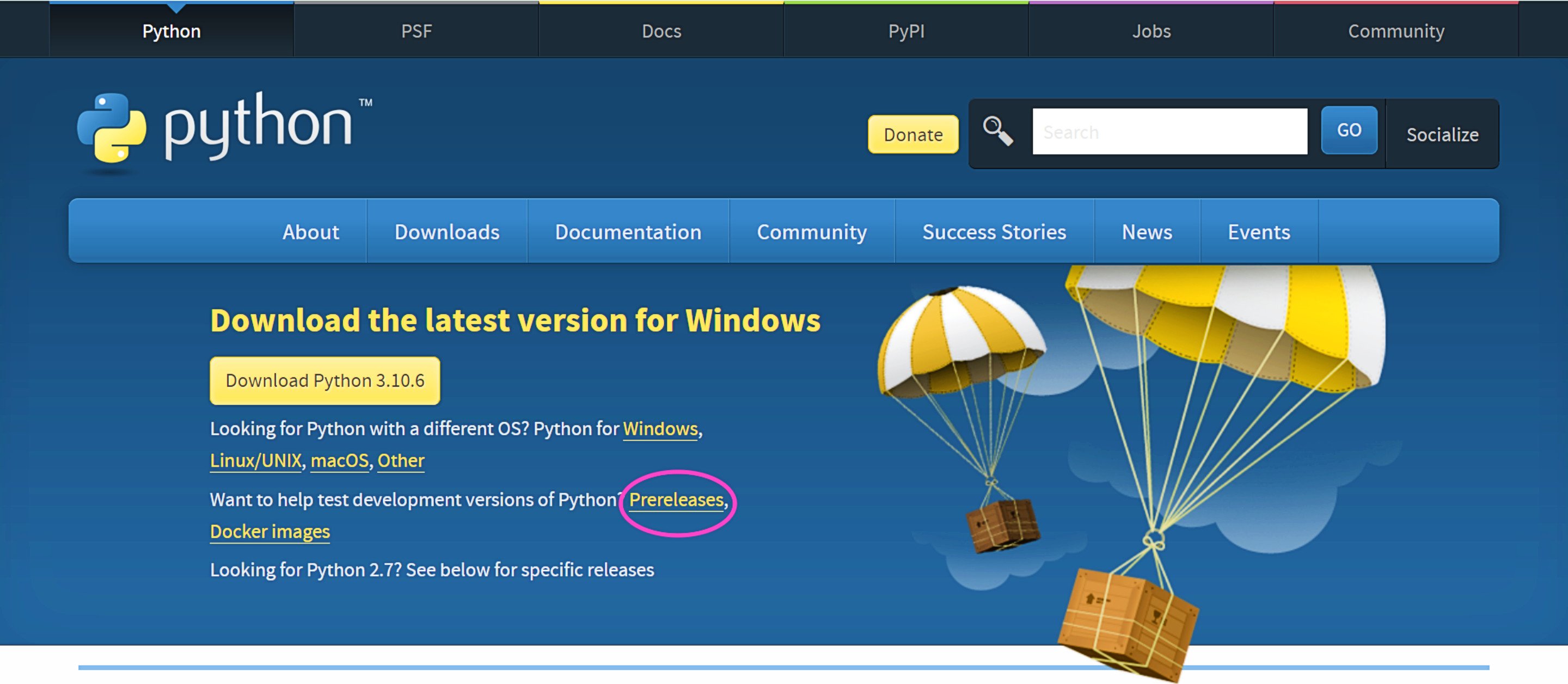 Screenshot Showing Navigation to Prerelease Page on python.org