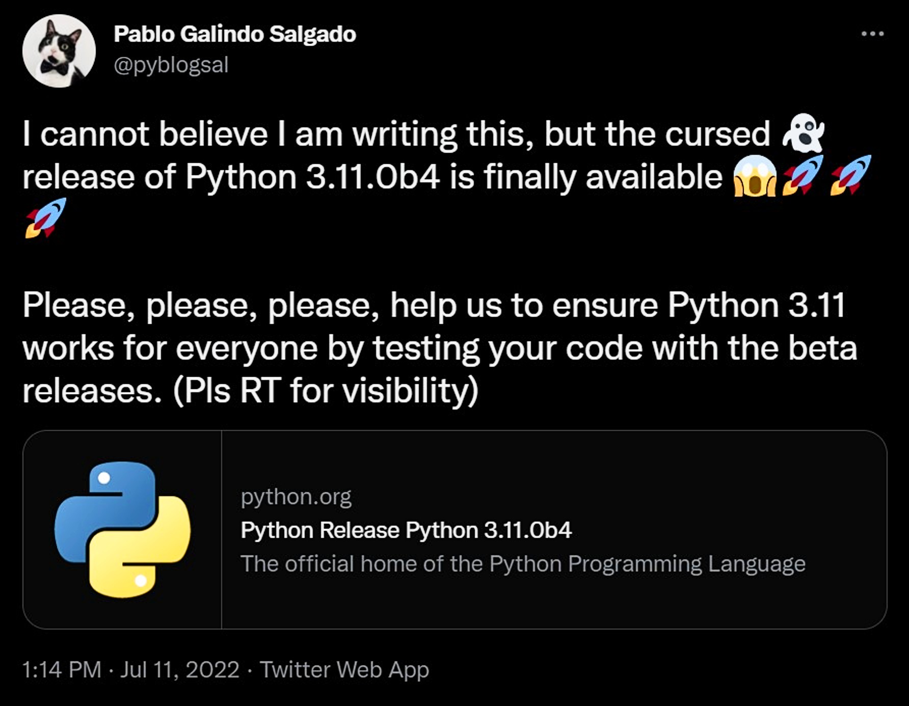Tweet Celebrating Python 3.11.0b4 Release