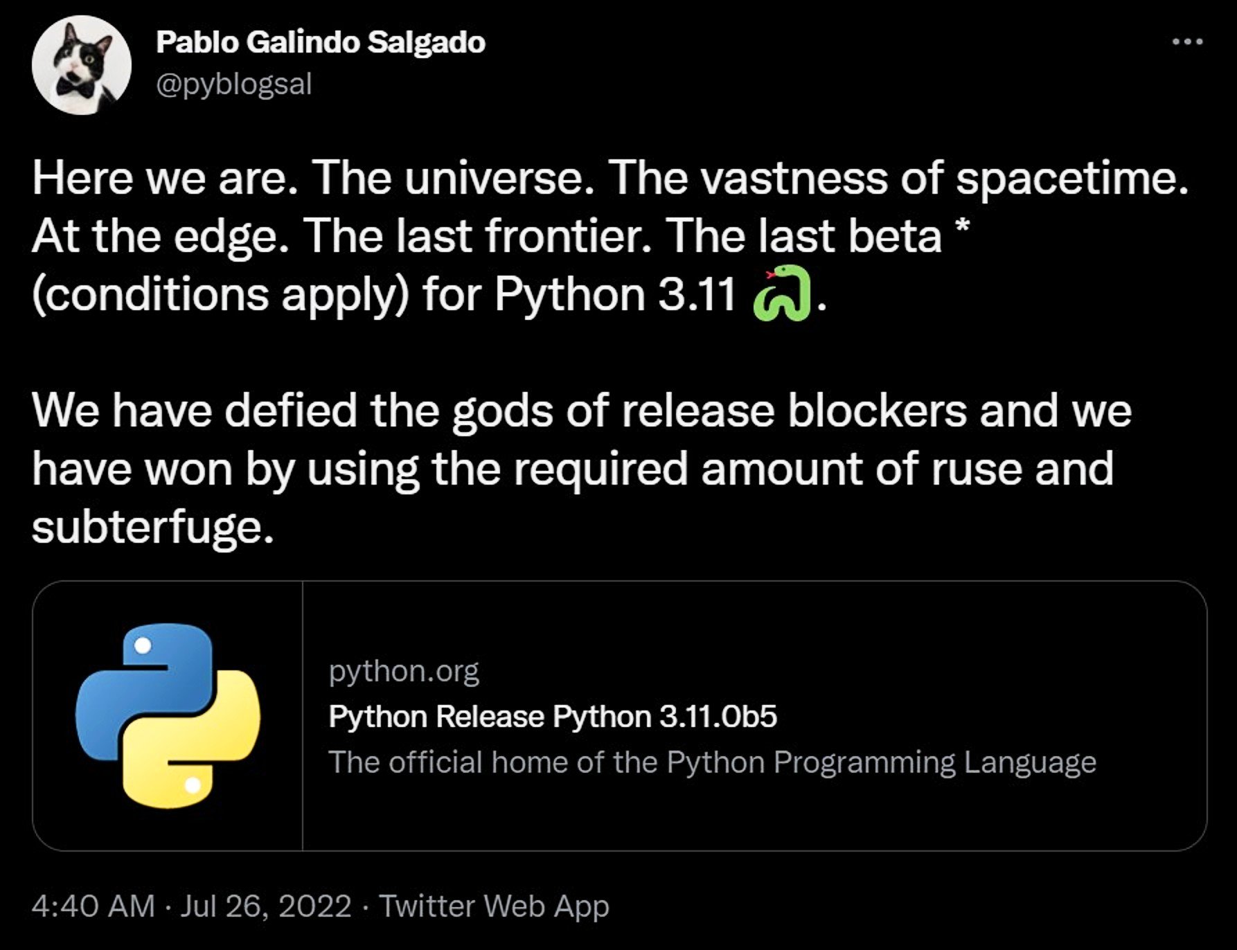 Tweet Celebrating Python 3.11.0b5 Release
