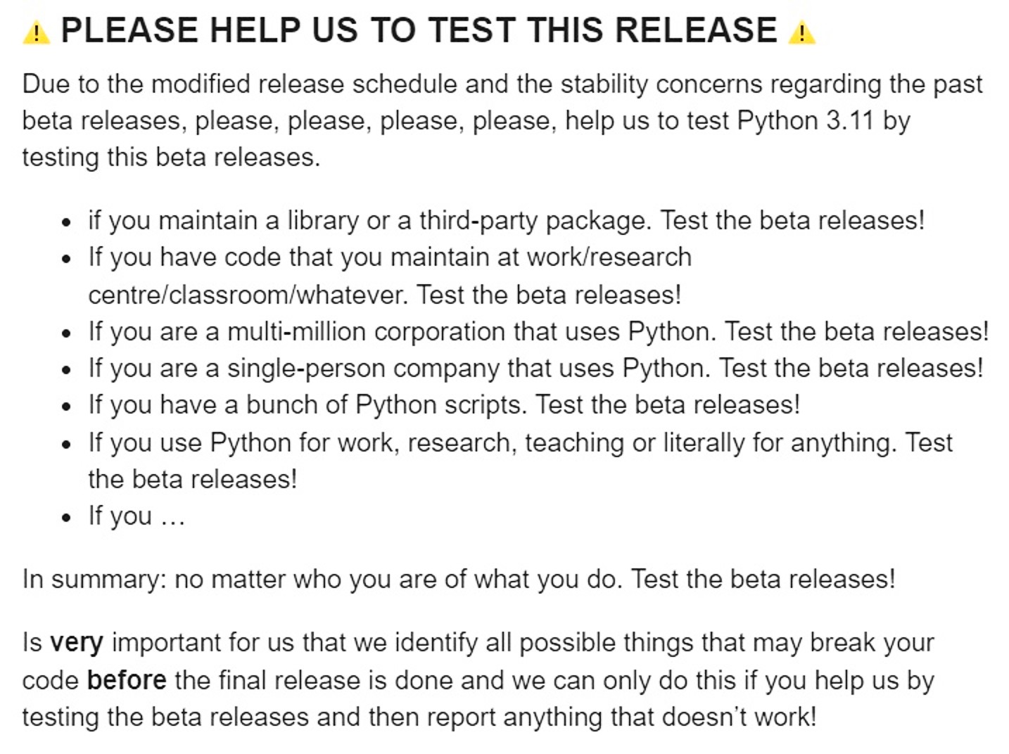 Screenshot Urging Users to Test Beta Releases of Python 3.11