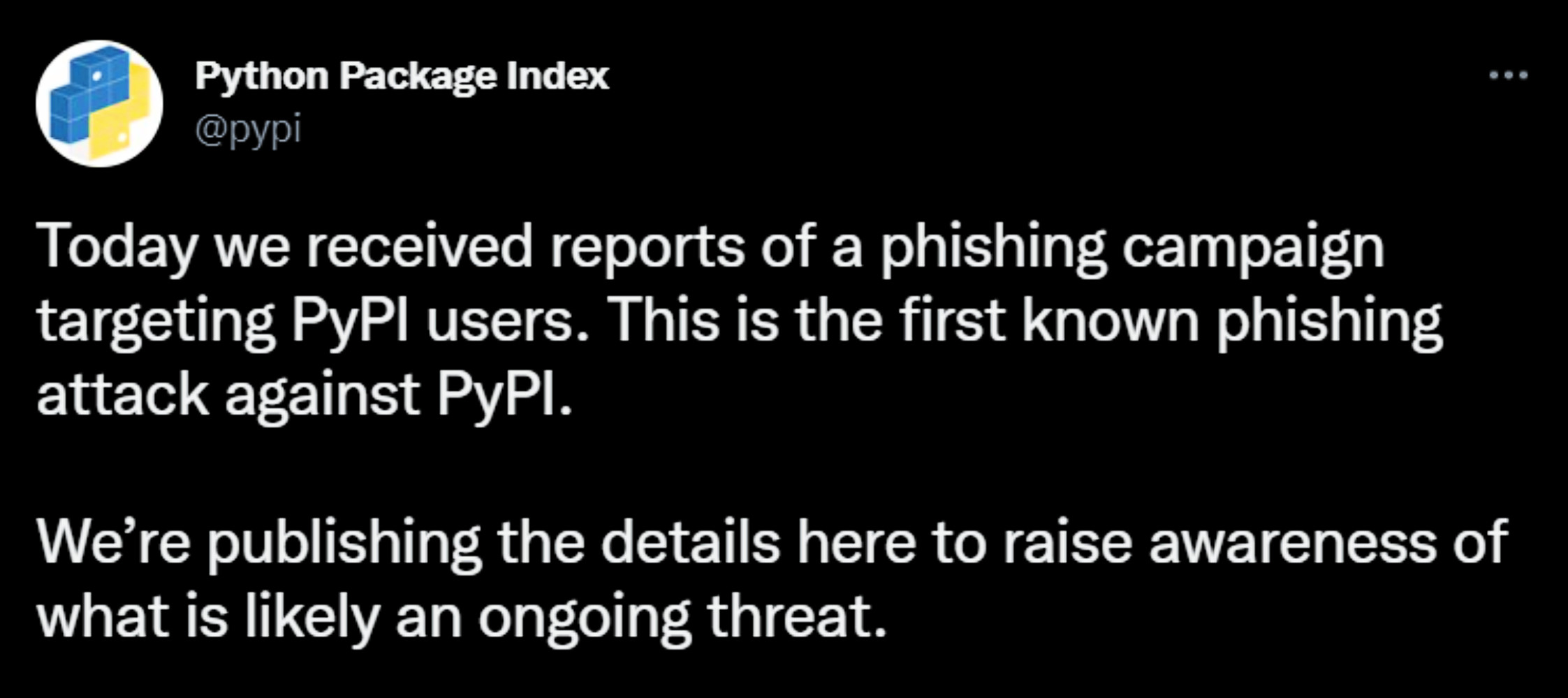 Tweet by @pypi about a phishing attack