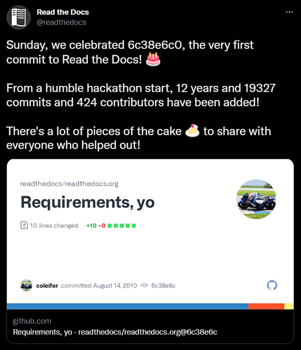 Tweet by @readthedocs celebrating 12 years since first commit