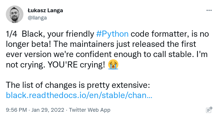 Screenshot of tweet announcing stable release of Black
