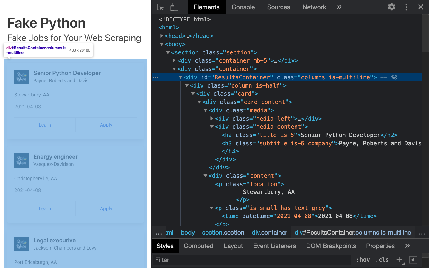 Chrome developer tools open showing the HTML of a Fake Python job board card