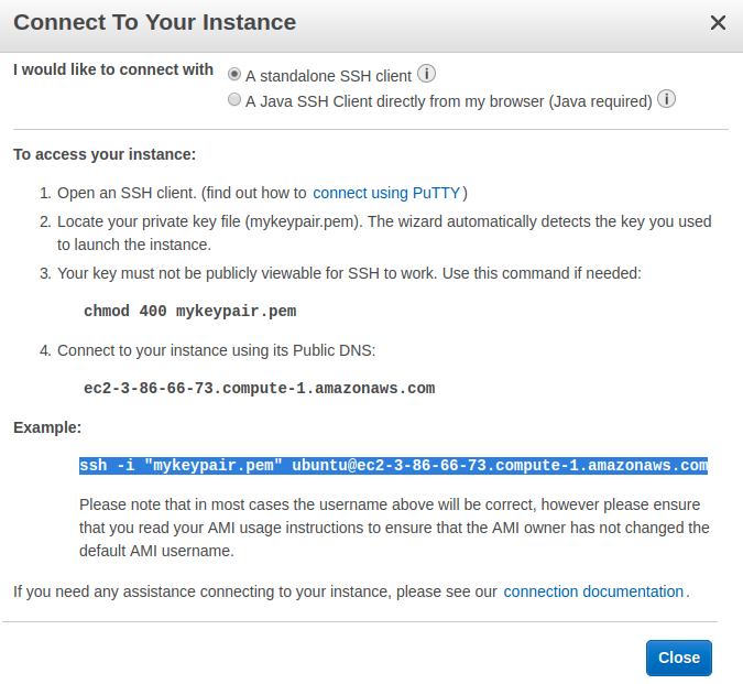 EC2 connection dialog