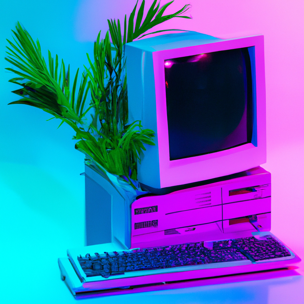 A computer from the 90ies with a plant growing out of it in vaporwave style colors