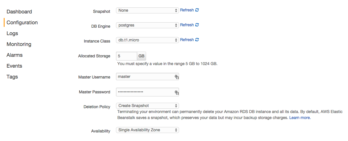 Create new RDS database