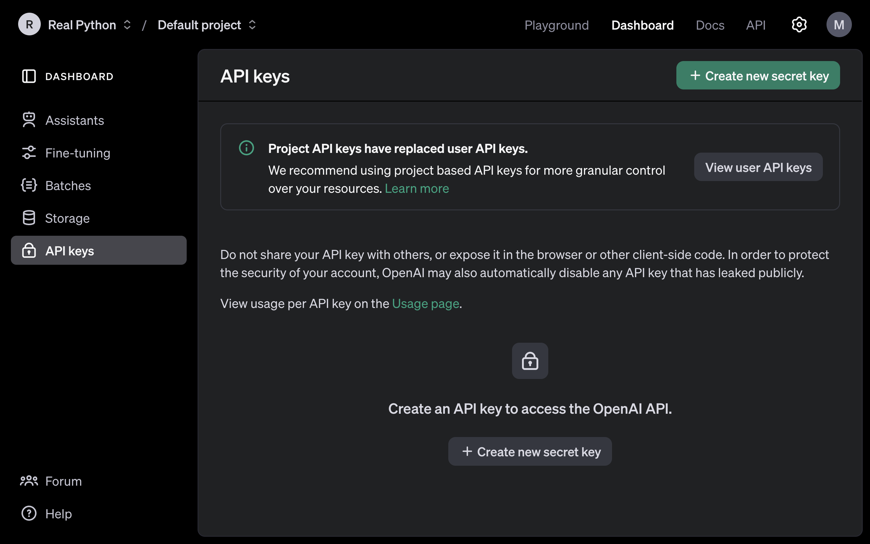 The OpenAI API key page where you can create and manage API project keys