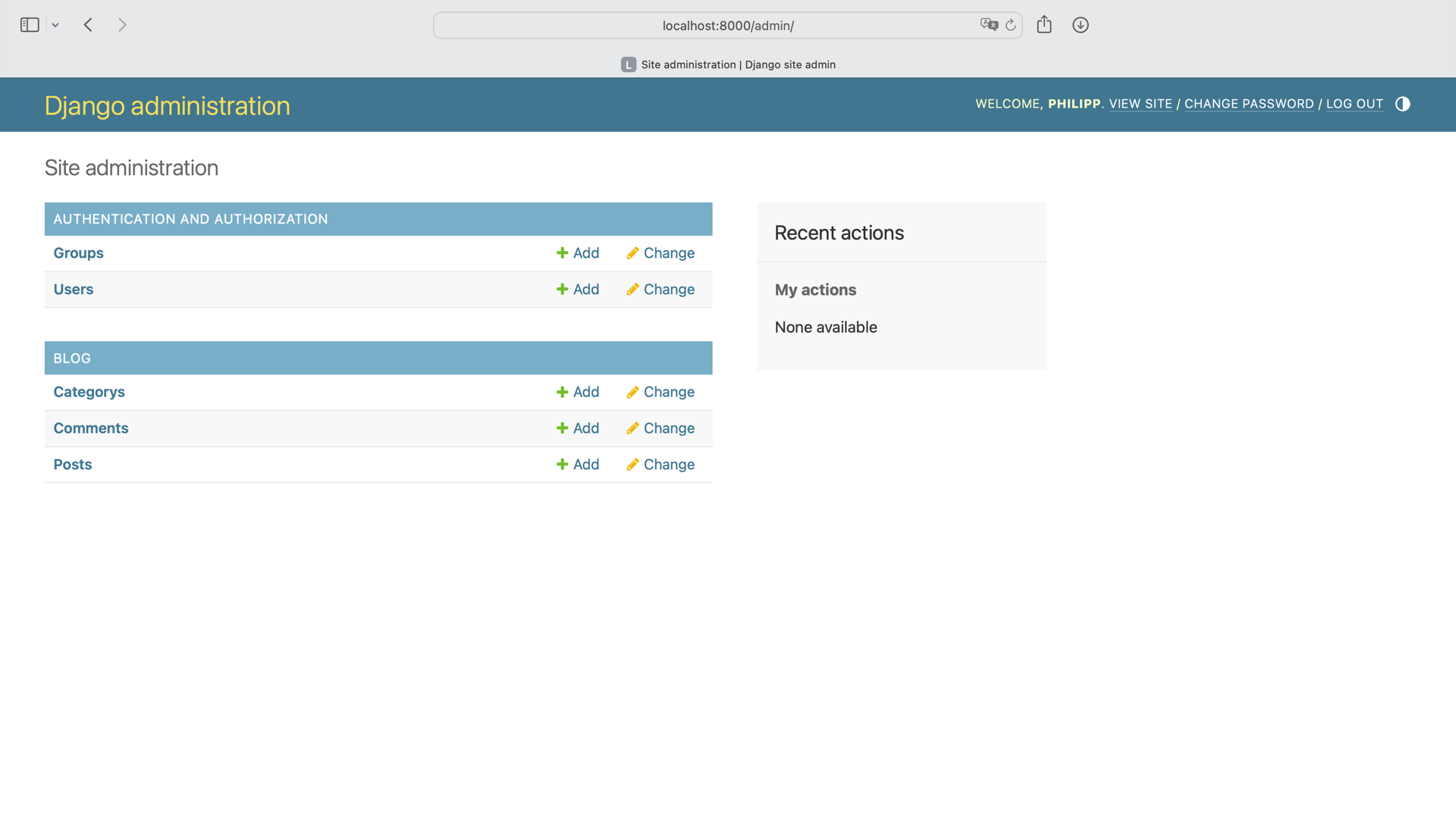 Django Admin site with models displayed
