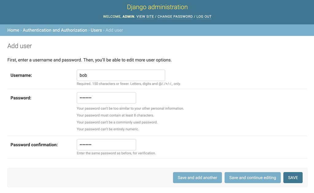 Django admin Add User screen