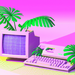 An eco-friendly computer from the 90ies in the style of vaporwave