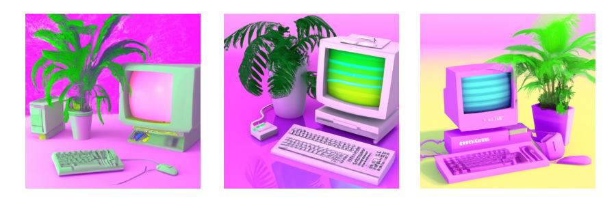 Three variations of an image showing an eco-friendly computer from the 90ies in the style of vaporwave