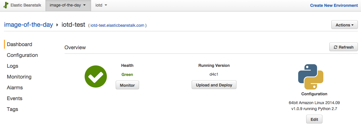 Elastic Beanstalk config page