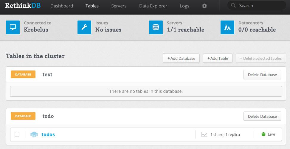 RethinkDB admin panel screenshot