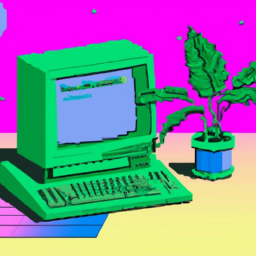 A vaporwave style computer from the 90ies that is green with a plant next to it