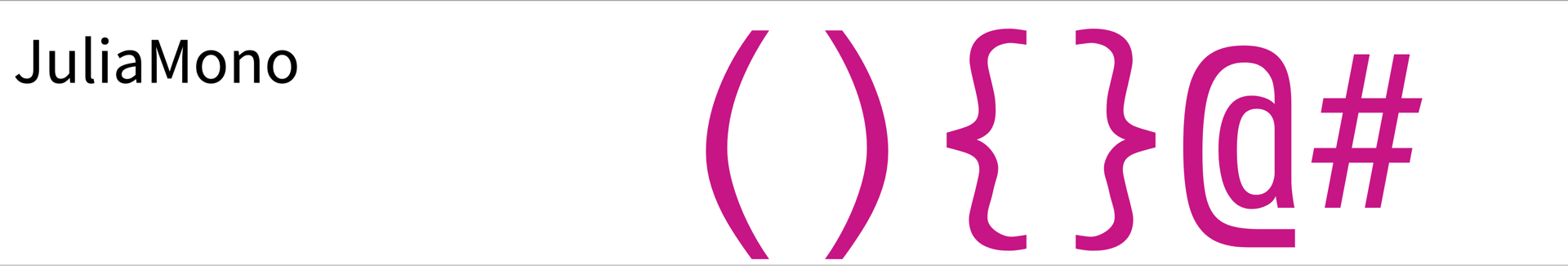 Screenshot of JuliaMono showing parenthesis, curly braces, @, and the hash sign