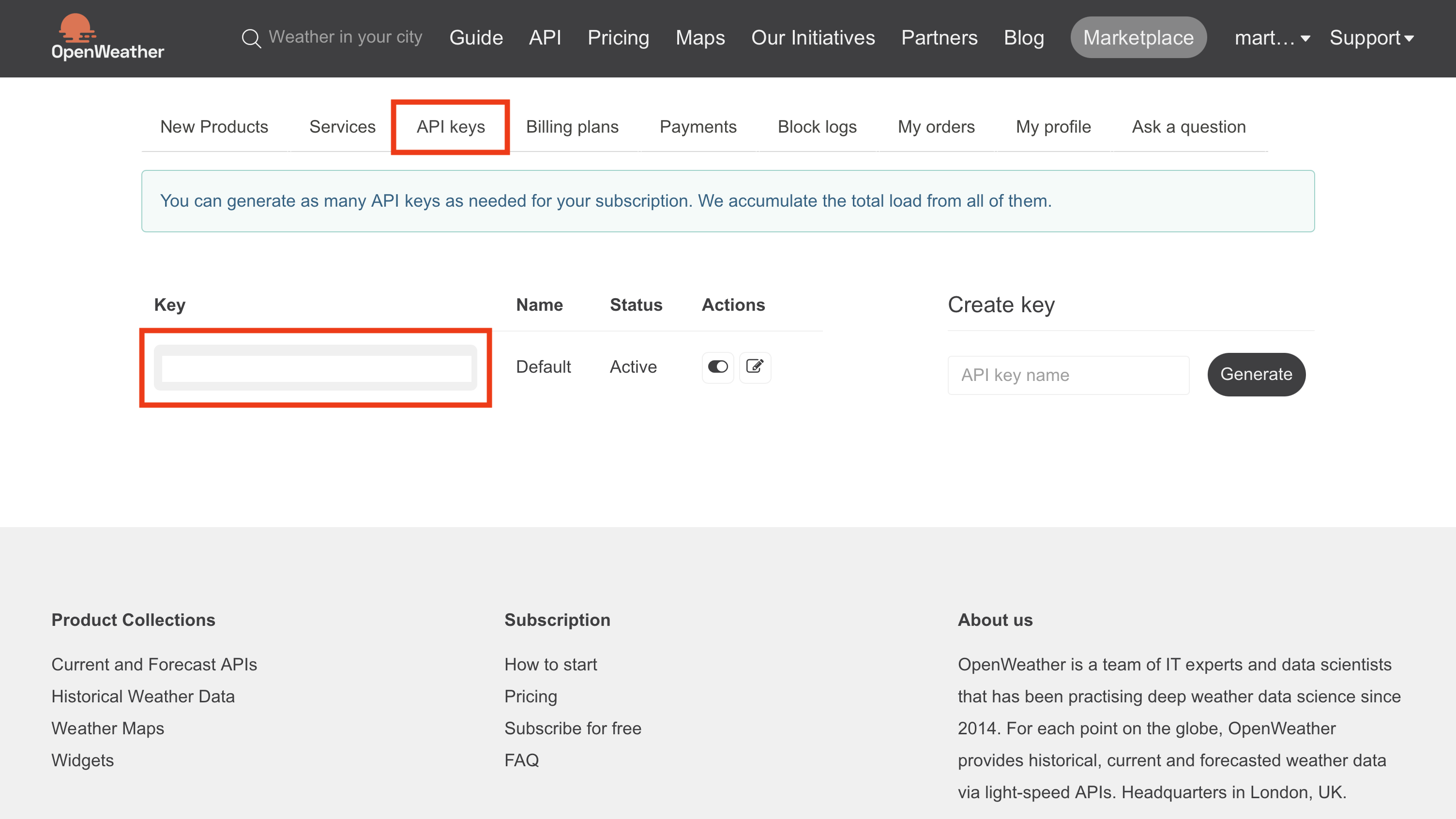 A page displaying the location of a personal API key for OpenWeather's Weather API
