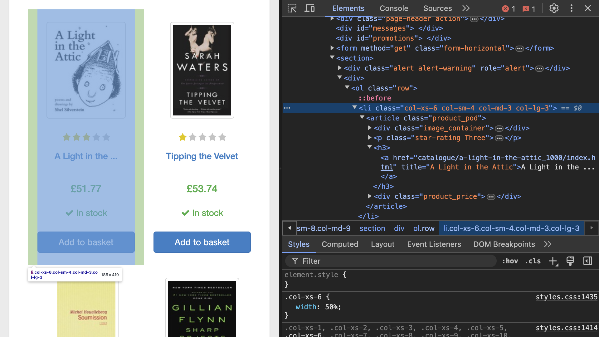 Developer tools showing elements on a website